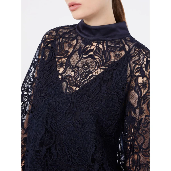Max Mara Piovra Macrame Lace Blouse in Midnight Blue | Blouse | Luxury Shoes 
