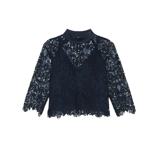 Max Mara Piovra Macrame Lace Blouse in Midnight Blue | Blouse | Luxury Shoes 