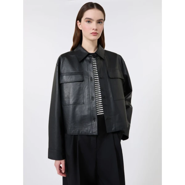 Max Mara Piovra Nappa Leather Shirt Jacket in Black | Leather Jackets | Luxury Shoes 