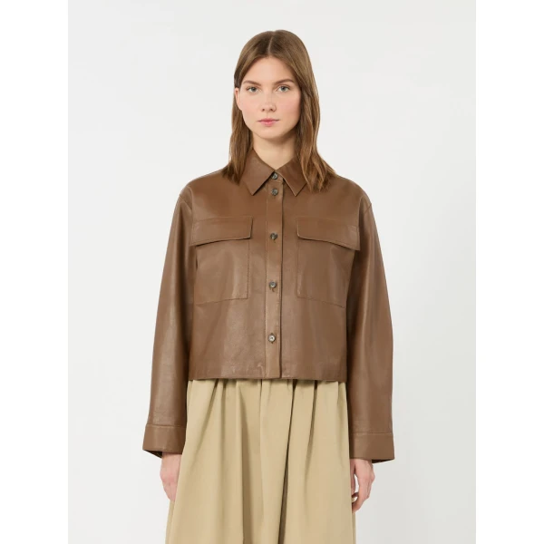 Max Mara Piovra Nappa Leather Shirt Jacket in Brown | Leather Jackets | Luxury Shoes 
