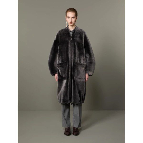 Max Mara Polis Reversible Shearling Parka in Medium Grey | Fur Coats | Luxury Shoes 