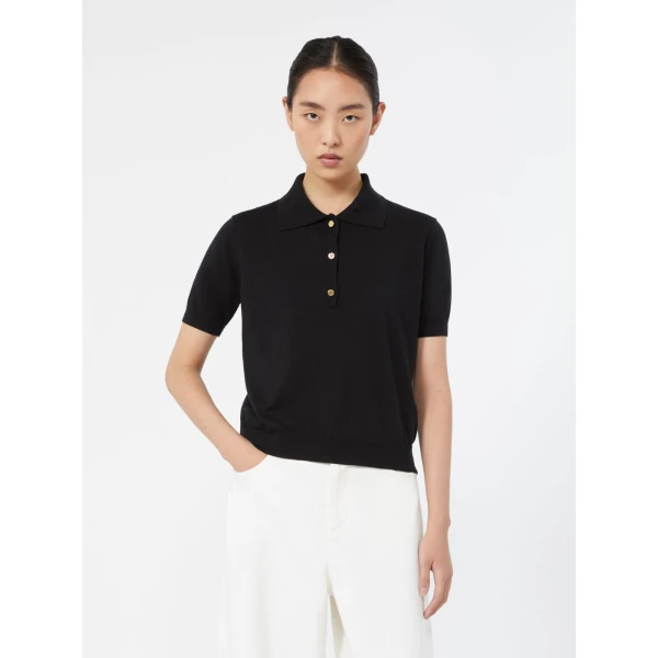 Max Mara Pomposa Cotton, Silk and Cashmere Polo Shirt in Black | Sweaters | Luxury Shoes 