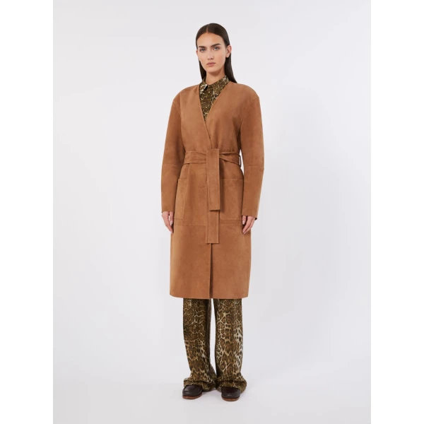 Max Mara Portici Suede Duster Coat in Camel | Leather Coats | Luxury Shoes 