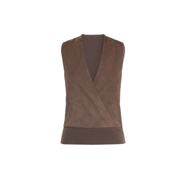 Max Mara Potenza Wool and Cashmere Knit Gilet in Mud | Sweaters | Luxury Shoes 