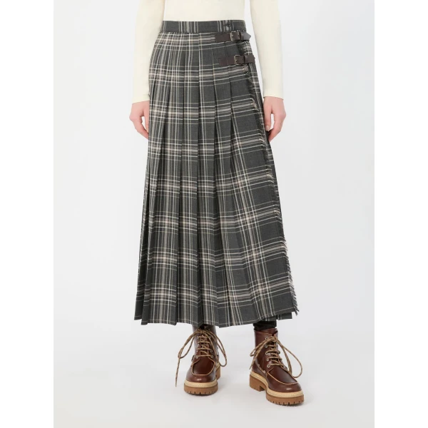 Max Mara Prisma Tartan Wool Batavia Wrap Skirt in Dark Grey | Pleated Skirts | Luxury Shoes 