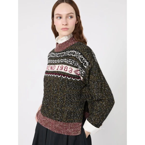 Max Mara Quota Jacquard Cable Crew Neck Jumper in Black | Sweaters | Luxury Shoes 