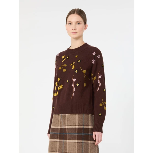 Max Mara Rafia Embroidered Wool Jumper in Dark Brown | Sweaters | Luxury Shoes 