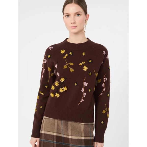 Max Mara Rafia Embroidered Wool Jumper in Dark Brown | Sweaters | Luxury Shoes 
