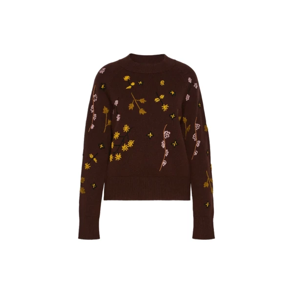 Max Mara Rafia Embroidered Wool Jumper in Dark Brown | Sweaters | Luxury Shoes 