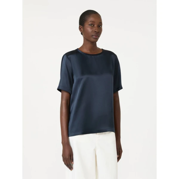 Max Mara Rea Viscose Satin T-Shirt Blouse in Midnight Blue | Blouse | Luxury Shoes 