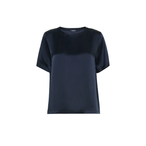 Max Mara Rea Viscose Satin T-Shirt Blouse in Midnight Blue | Blouse | Luxury Shoes 
