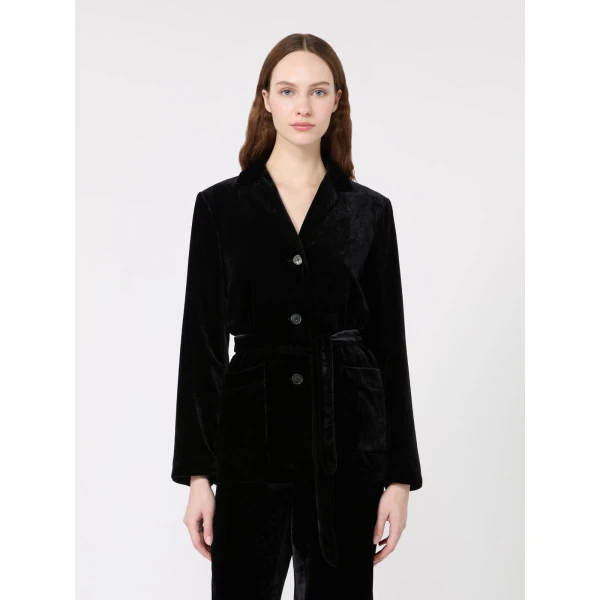 Max Mara Recente Velvet Belted Jacket in Black | Blazers | Luxury Shoes 