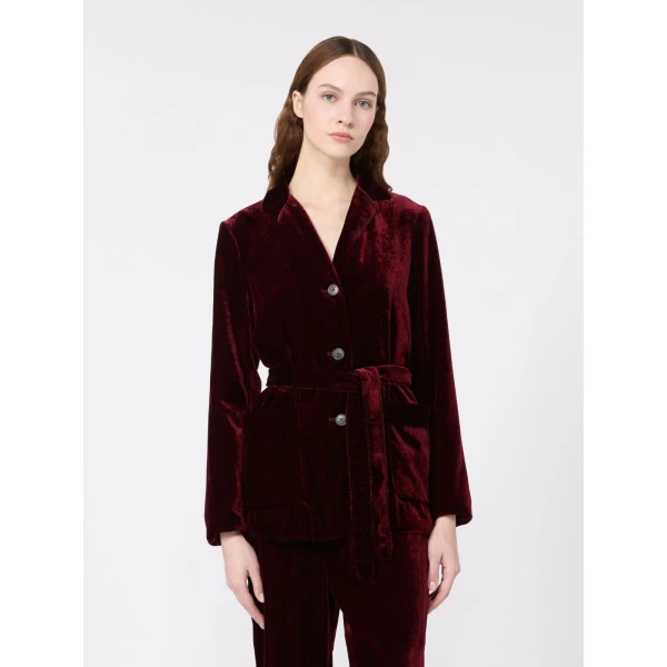 Max Mara Recente Velvet Belted Jacket in Bordeaux | Blazers | Luxury Shoes 