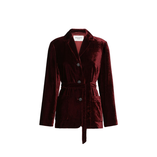 Max Mara Recente Velvet Belted Jacket in Bordeaux | Blazers | Luxury Shoes 