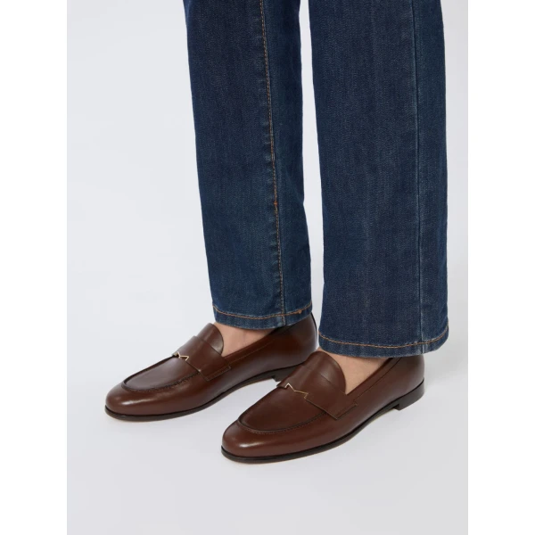 Max Mara Regentmoc Semi-Glossy Leather Loafers in Cocoa | Loafers | Luxury Shoes 
