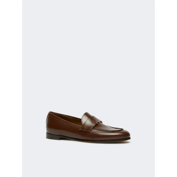 Max Mara Regentmoc Semi-Glossy Leather Loafers in Cocoa | Loafers | Luxury Shoes 