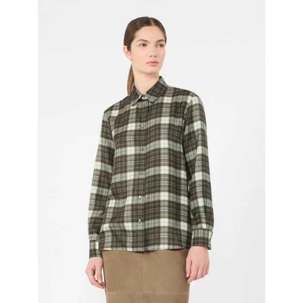 Max Mara Rete Check Silk Twill Shirt in Khaki | Shirts | Luxury Shoes 
