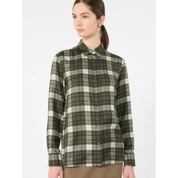 Max Mara Rete Check Silk Twill Shirt in Khaki | Shirts | Luxury Shoes 