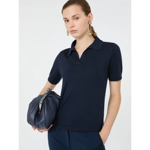 Max Mara Roncolo Silk and Cotton Polo Jumper in Navy | Sweaters | Luxury Shoes 