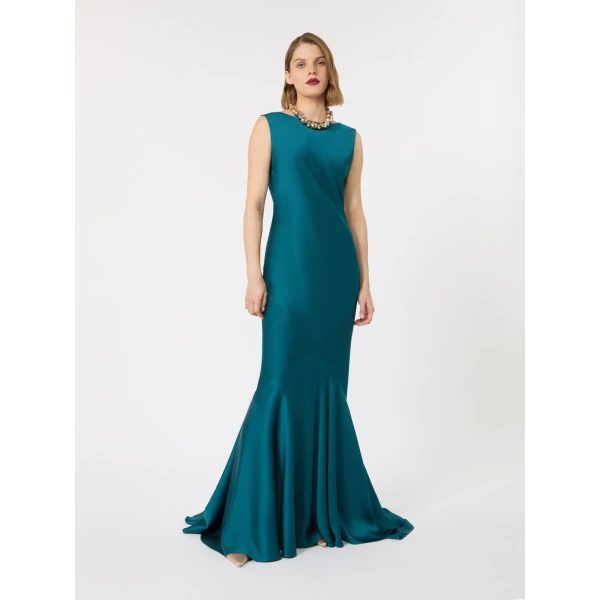 Max Mara Rum Long Envers Satin Gown in Oil Green | Evening Gowns | Luxury Shoes 