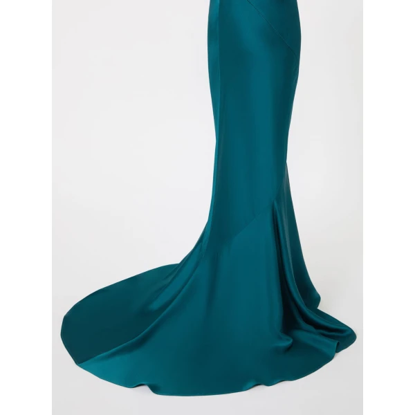 Max Mara Rum Long Envers Satin Gown in Oil Green | Evening Gowns | Luxury Shoes 