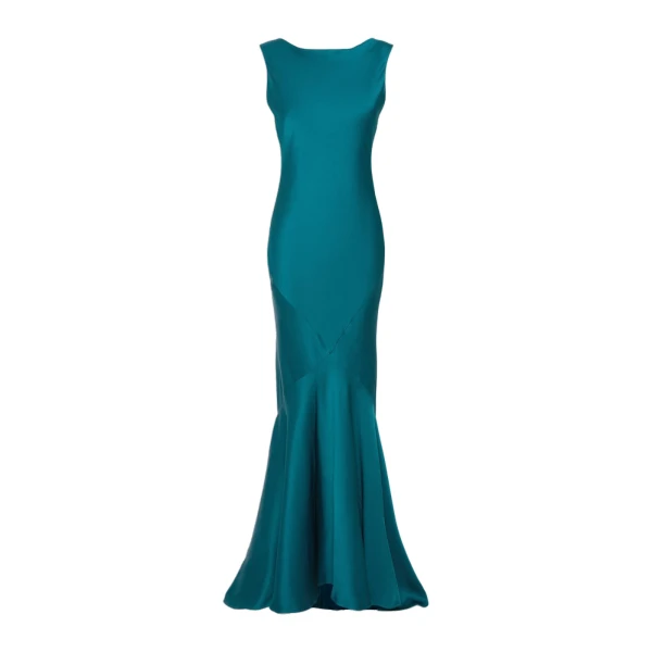Max Mara Rum Long Envers Satin Gown in Oil Green | Evening Gowns | Luxury Shoes 