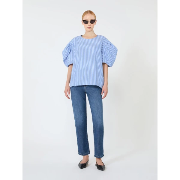 Max Mara Sabrina Cotton Poplin Balloon-Sleeve Blouse in Light Blue | Blouse | Luxury Shoes 