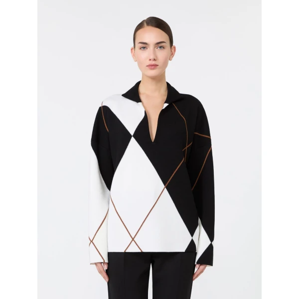 Max Mara Sala Relaxed-Cut Argyle Wool Sweater in White Black | Sweaters | Luxury Shoes 