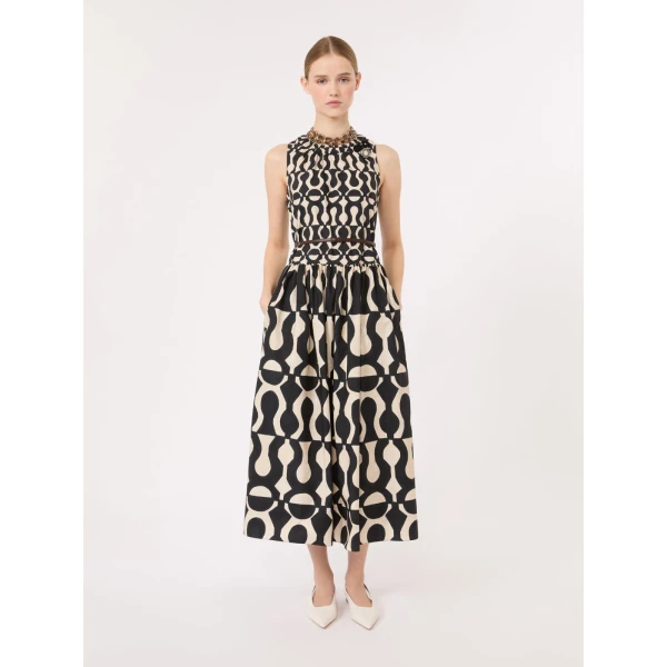 Max Mara Salato Printed Cotton Poplin Dress in Black | Midi Dresses | Luxury Shoes 