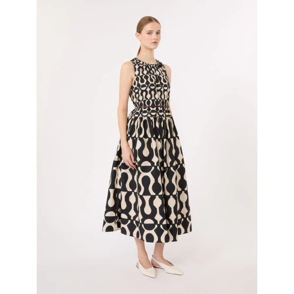 Max Mara Salato Printed Cotton Poplin Dress in Black | Midi Dresses | Luxury Shoes 