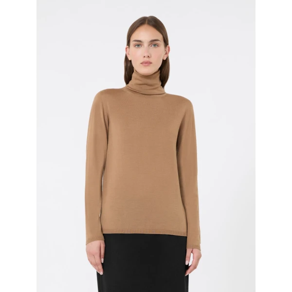 Max Mara Saluto Wool Polo-Neck Sweater in Camel | Turtlenecks | Luxury Shoes 