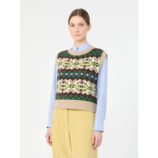 Max Mara Savana Jacquard Wool Gilet in Green | Sweaters | Luxury Shoes 
