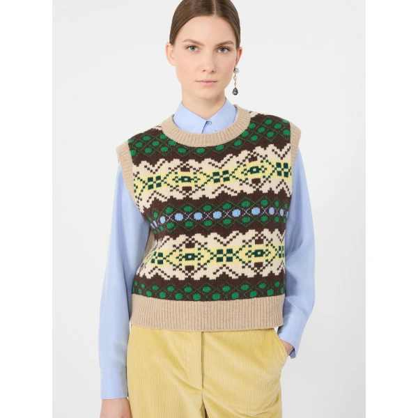 Max Mara Savana Jacquard Wool Gilet in Green | Sweaters | Luxury Shoes 