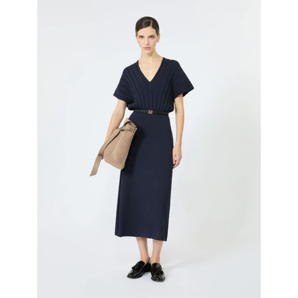 Max Mara Serio Rib-Knit Viscose Crepe Dress in Ultramarine | Midi Dresses | Luxury Shoes 