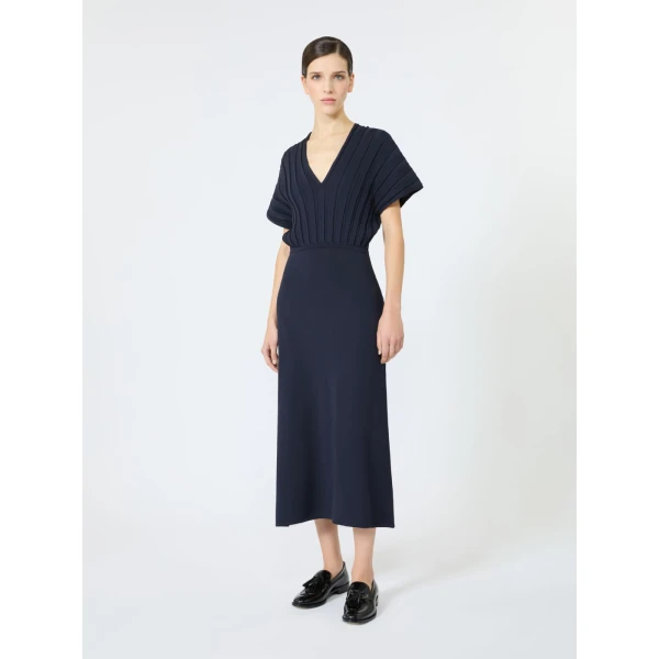 Max Mara Serio Rib-Knit Viscose Crepe Dress in Ultramarine | Midi Dresses | Luxury Shoes 