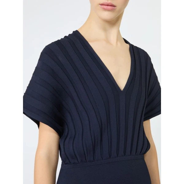 Max Mara Serio Rib-Knit Viscose Crepe Dress in Ultramarine | Midi Dresses | Luxury Shoes 
