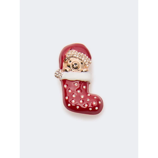 Max Mara Shiny Metal Teddy Bear Brooch in Red | Brooches & Pins | Luxury Shoes 