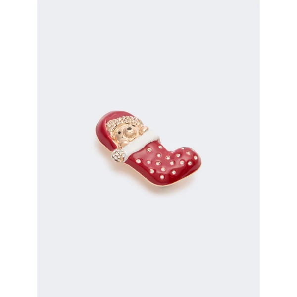 Max Mara Shiny Metal Teddy Bear Brooch in Red | Brooches & Pins | Luxury Shoes 