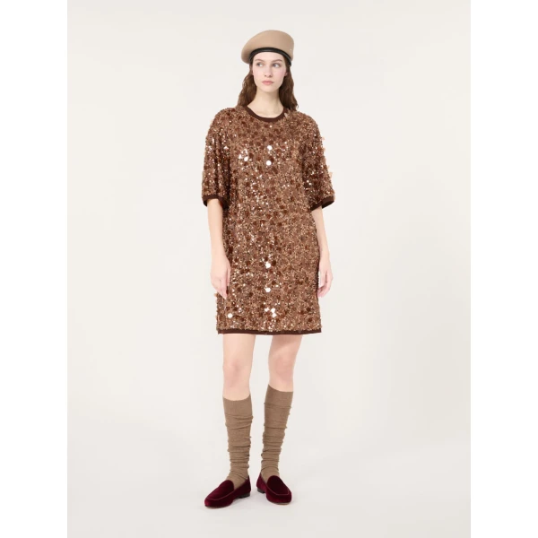 Max Mara Short Sequinned Jersey Dress in Brown | Mini Dresses | Luxury Shoes 