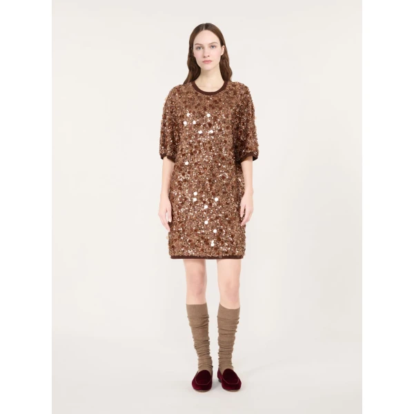 Max Mara Short Sequinned Jersey Dress in Brown | Mini Dresses | Luxury Shoes 