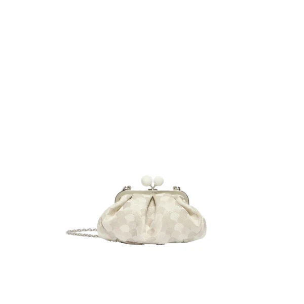 Max Mara Small Pasticcino Bag in Linen Silk and Cotton Jacquard, White | Clutch Bags | Luxury Shoes 