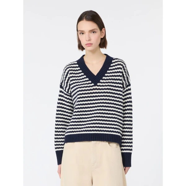 Max Mara Spiga Loose Wool V-Neck Jumper in Navy | Sweaters | Luxury Shoes 
