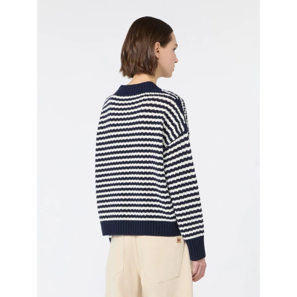 Max Mara Spiga Loose Wool V-Neck Jumper in Navy | Sweaters | Luxury Shoes 