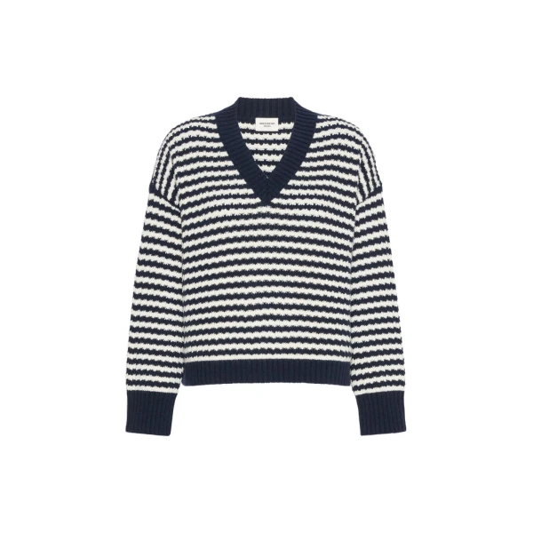 Max Mara Spiga Loose Wool V-Neck Jumper in Navy | Sweaters | Luxury Shoes 
