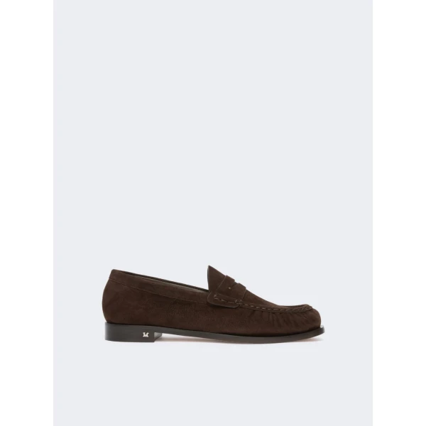 Max Mara Sponda Suede Penny Loafers in Dark Brown | Loafers | Luxury Shoes 