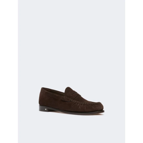 Max Mara Sponda Suede Penny Loafers in Dark Brown | Loafers | Luxury Shoes 