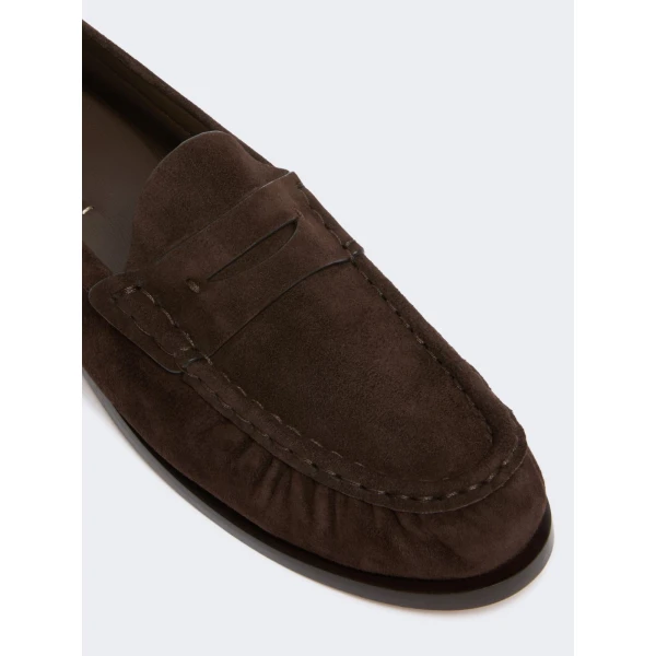 Max Mara Sponda Suede Penny Loafers in Dark Brown | Loafers | Luxury Shoes 