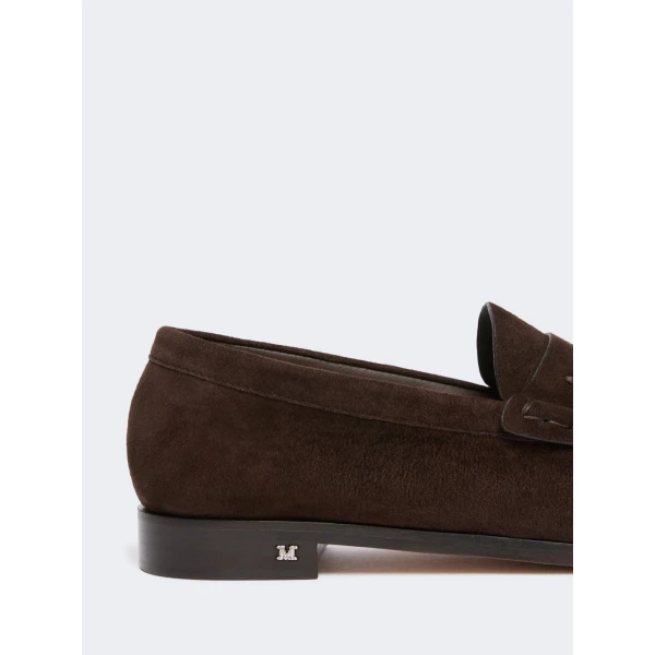 Max Mara Sponda Suede Penny Loafers in Dark Brown | Loafers | Luxury Shoes 