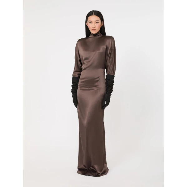 Max Mara Spuma Long Silk Satin Dress in Mud | Evening Gowns | Luxury Shoes 