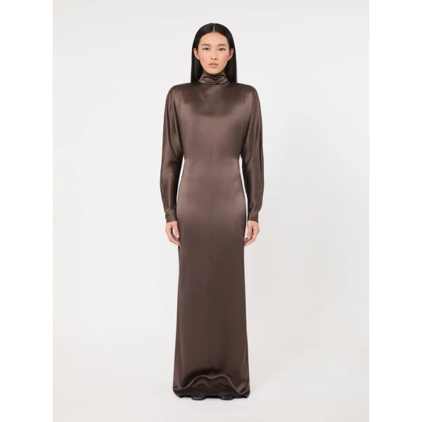 Max Mara Spuma Long Silk Satin Dress in Mud | Evening Gowns | Luxury Shoes 